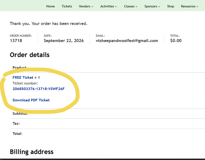 Screenshot of ticket order confirmation for Vermont Seep & Wool Festival